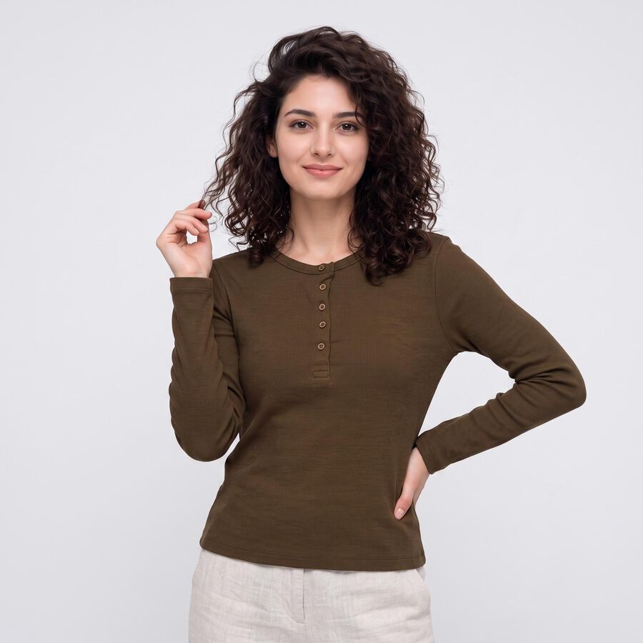 Women Olive Green Cotton Blend Round Neck Regular Top, ओलिव, large