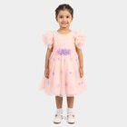 Girls' Pink Fit and Flare 3D Floral Applique Party Wear Frock, Light Pink, small