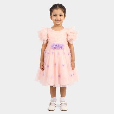Girls' Pink Fit and Flare 3D Floral Applique Party Wear Frock