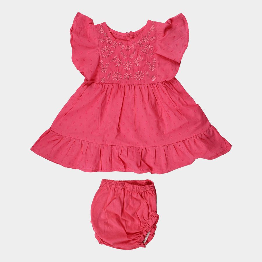 Infants' Pink Regular Fit Embroidered Flutter Sleeve Frock, गुलाबी, large