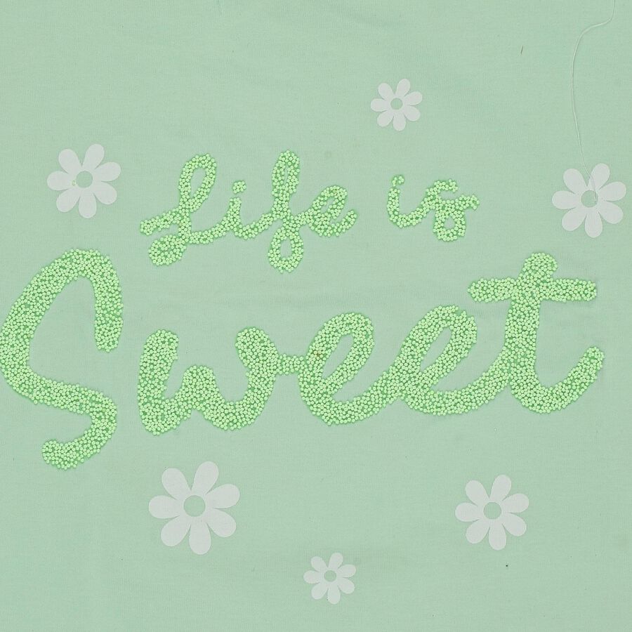 Girls' Mint Green Cotton Round Neck Casual T-Shirt, Light Green, large