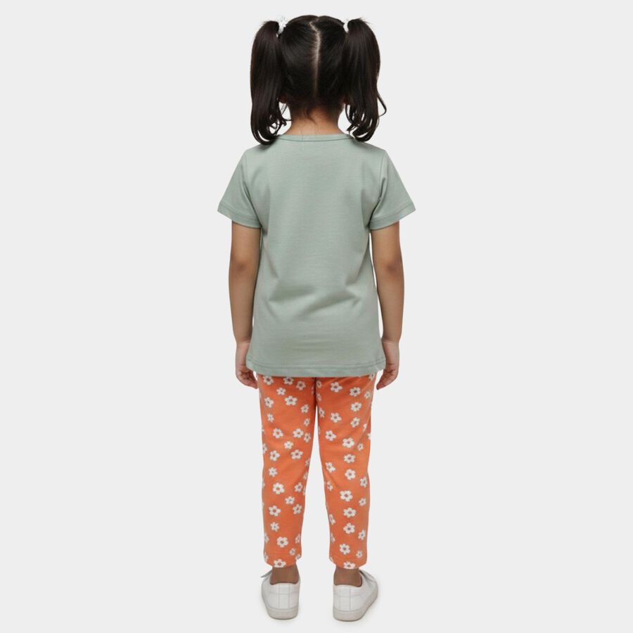 Girls' Multicolour Round Neck Printed Top and Capri Set, हल्का हरा, large