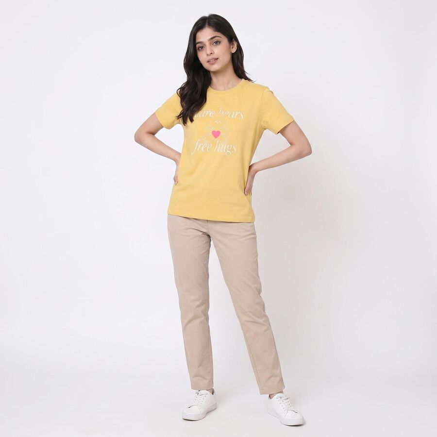 Women's Yellow Round Neck Regular T-Shirt, पीला, large