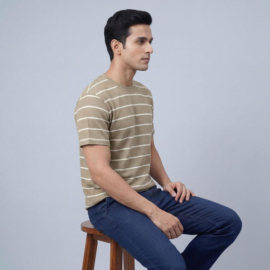 Men's Beige Round Neck Casual Printed T-Shirt, Beige, large