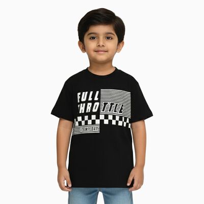 Boys Jet Black Round Neck Casual T-Shirt
