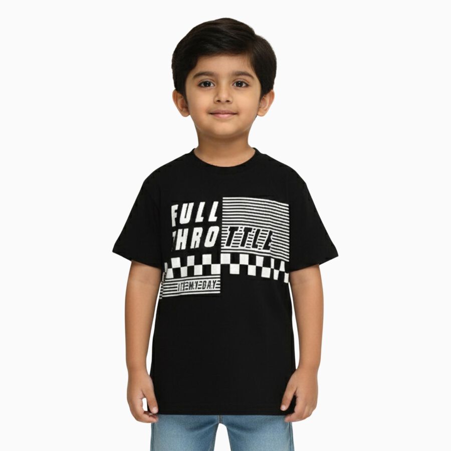 Boys Jet Black Round Neck Casual T-Shirt, Black, large image number null