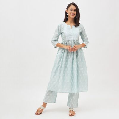 Women's Light Powder Blue Notch Neck Embroidered Kurta
