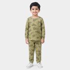 Boys Olive Green Cotton Round Neck Dinosaur Printed Baba Suit, Olive, small