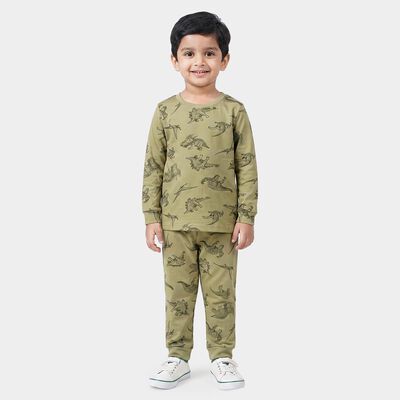 Boys Olive Green Cotton Round Neck Dinosaur Printed Baba Suit