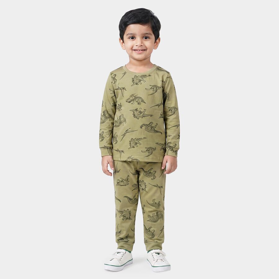 Boys Olive Green Cotton Round Neck Dinosaur Printed Baba Suit, Olive, large