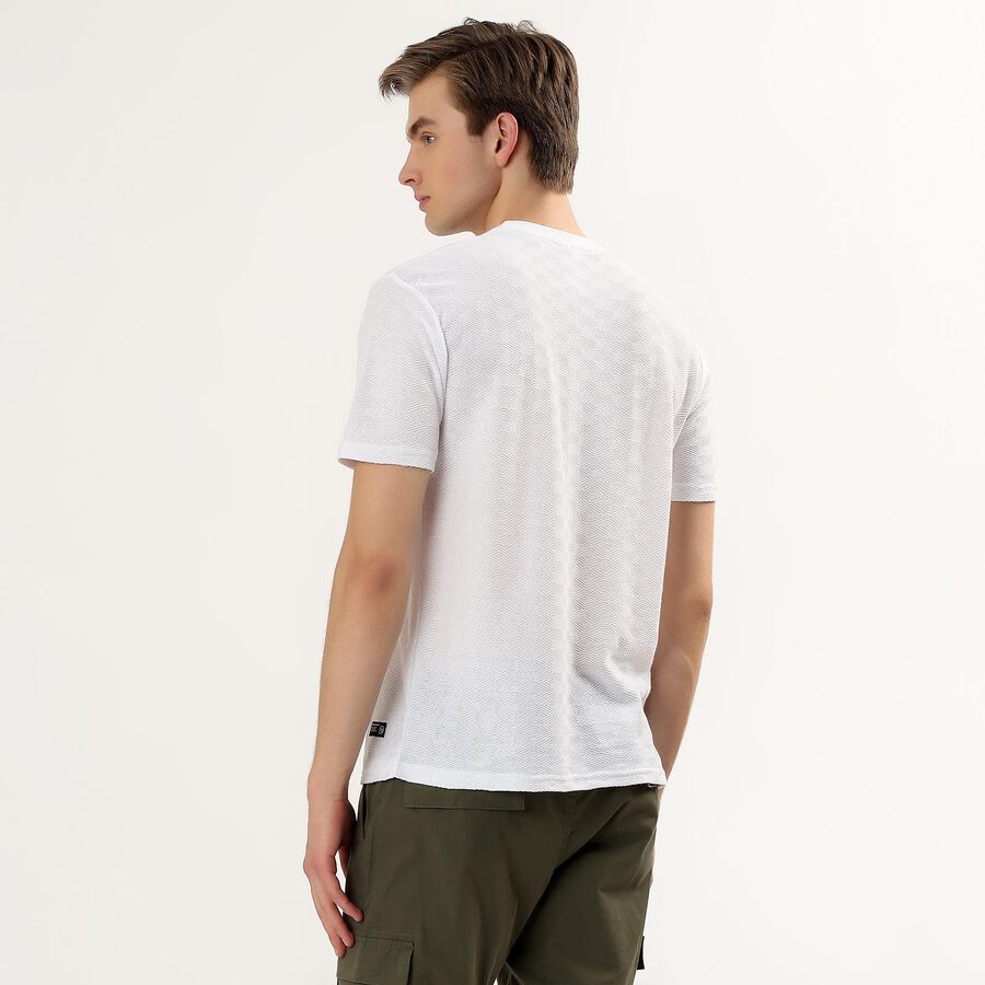 Men's White Round Neck Self Design Half Sleeves T-Shirt, White, large