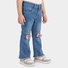 Girls Blue Flared Fit Sequin Bow Jeans, मध्यम नीला, small