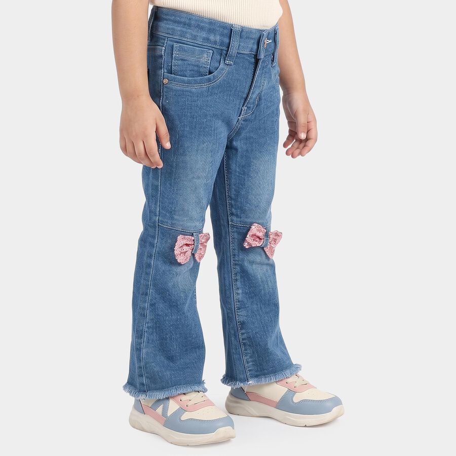 Girls Blue Flared Fit Sequin Bow Jeans, मध्यम नीला, large