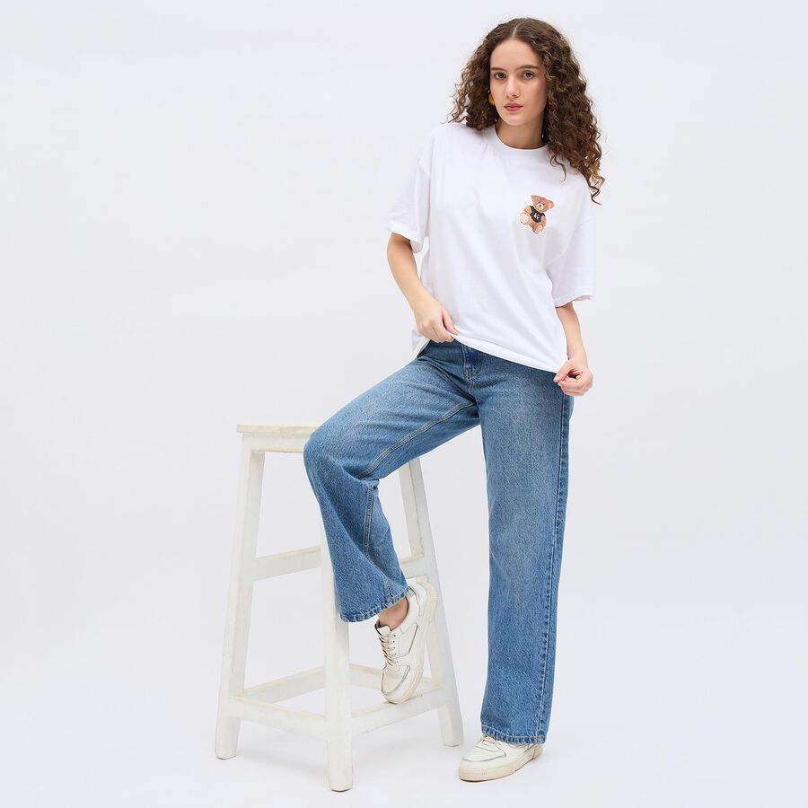 Women's Bright Snow White Cotton Round Neck Casual T-Shirt, सफ़ेद, large image number null