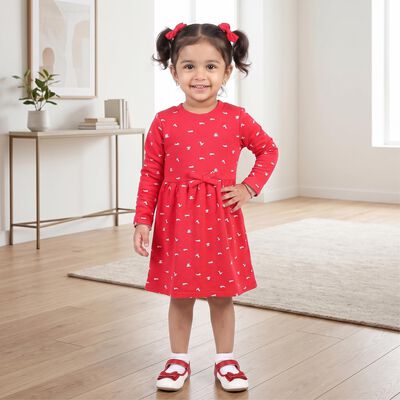 Girls' Fuchsia Fit and Flare Printed Frock