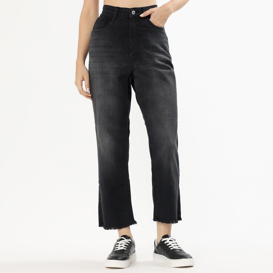 Women's Faded Black Straight Fit Frayed Hem Jeans, Black, large image number null