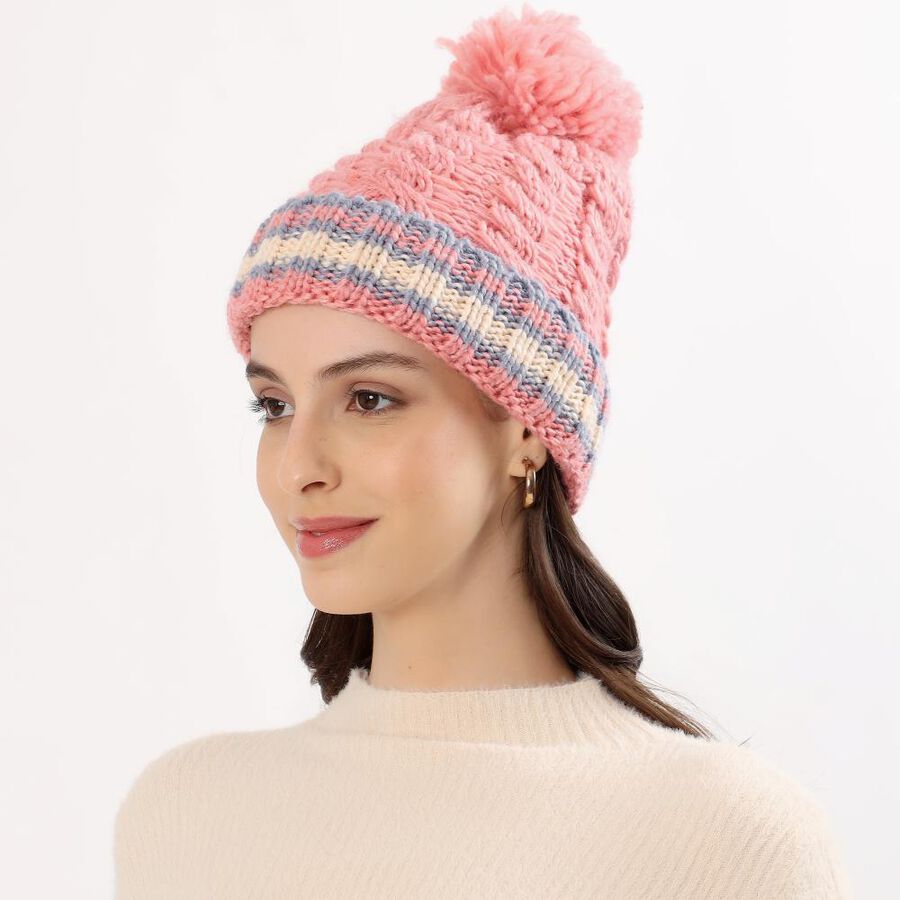 Women's Soft Pink Knitted Pom-Pom Beanie Cap, Light Pink, large image number null