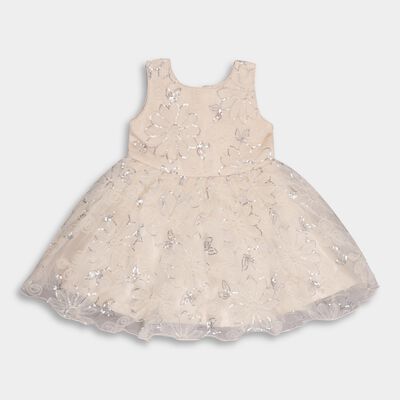 Girls' Soft Cream Floral Sequin Layered Party Wear Frock, Light Pink Girls' Soft Cream Floral Sequin Layered Party Wear Frock