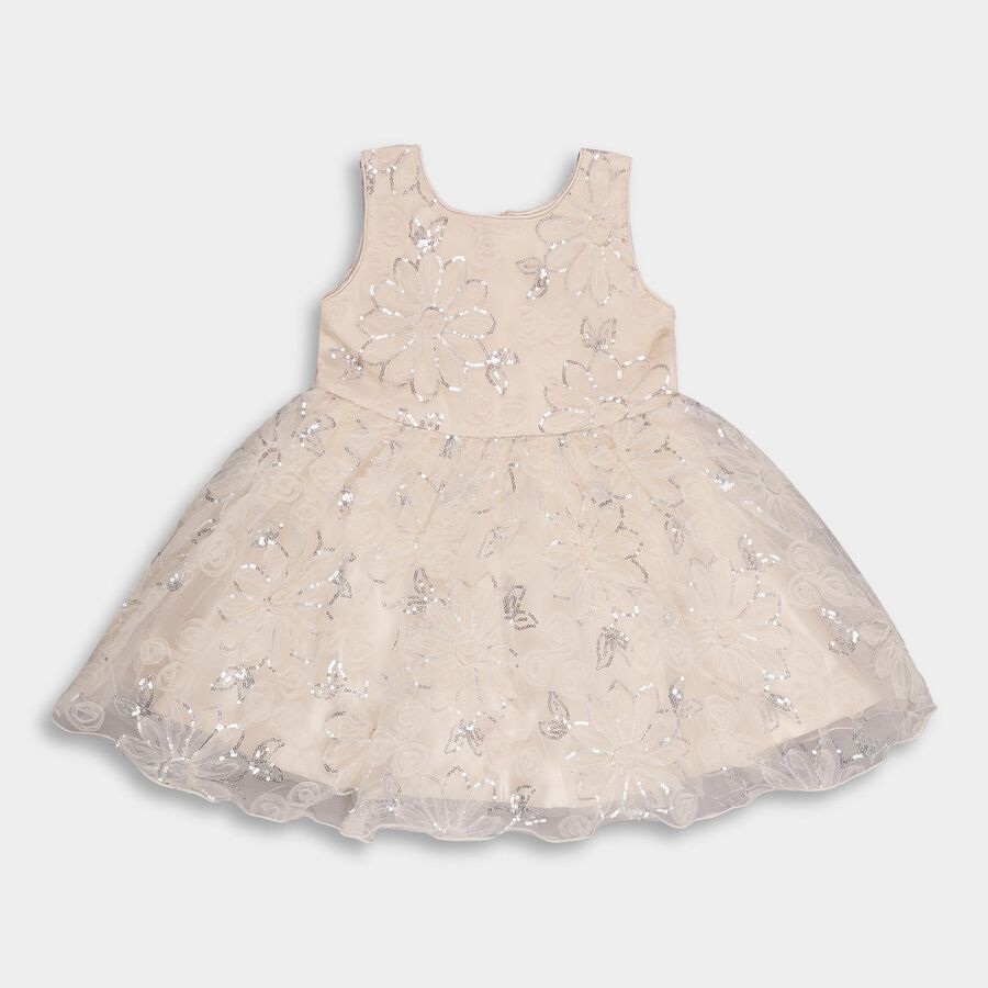 Girls' Soft Cream Floral Sequin Layered Party Wear Frock, Light Pink, large image number null