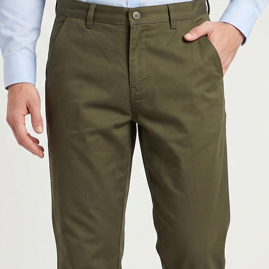 Men's Olive Green Slim Fit Chino Trousers, ओलिव, large