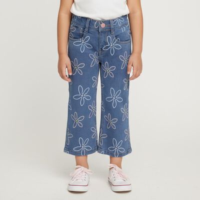 Girls' Medium Denim Blue Wide Leg Floral Printed Jeans