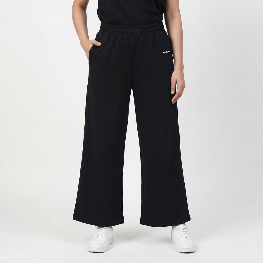 Women's Black Tapered Fit Elastic Waist Track Pants, Black, large