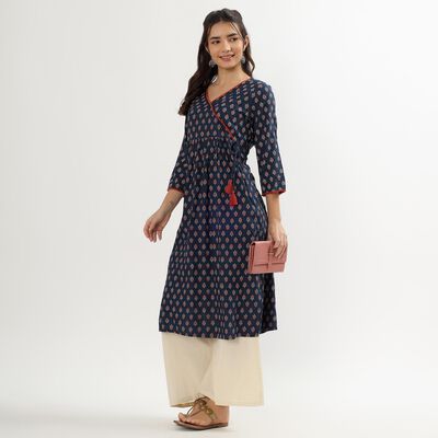 Women's Dark Blue Round Neck Printed Kurta