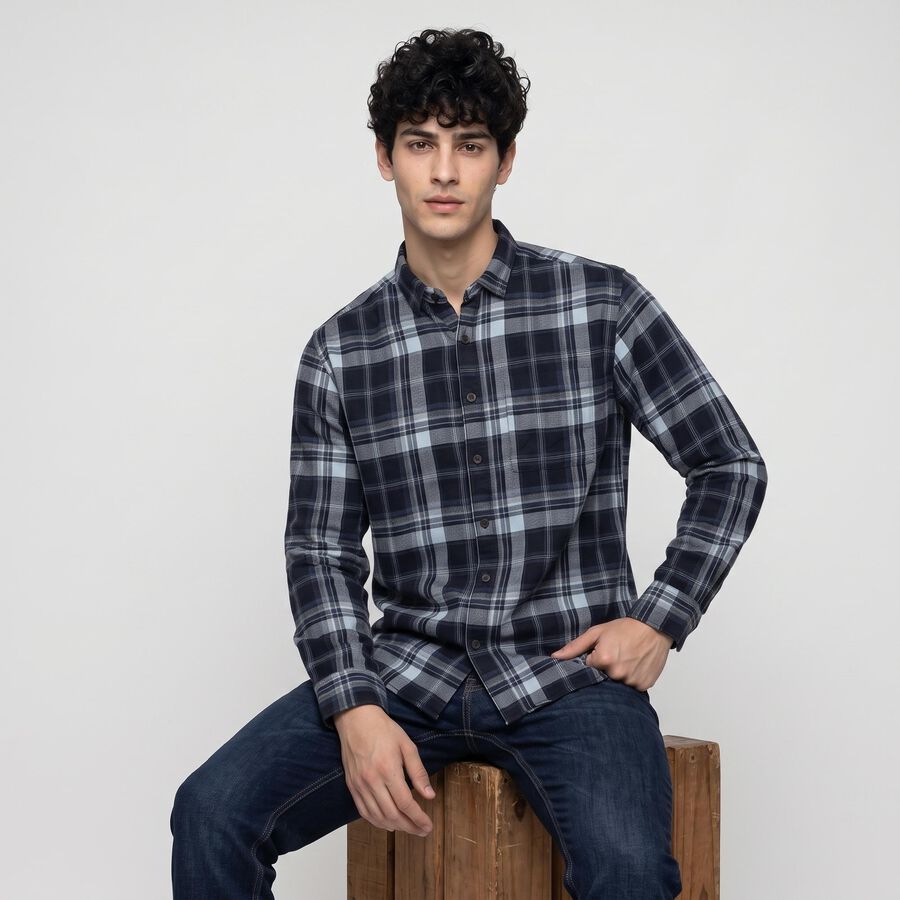 Men's Navy Blue Cotton Long Sleeve Spread Collar Casual Shirt, नेवी ब्लू, large
