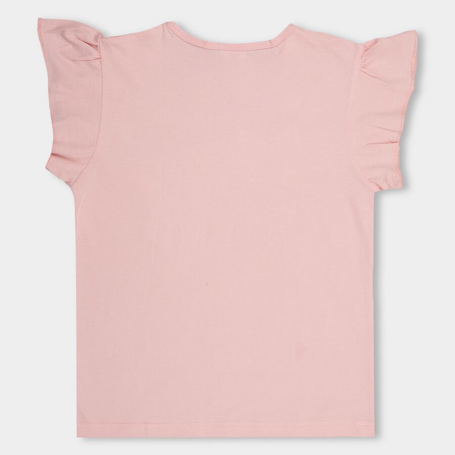 Girls' Light Pink Cotton Crew Neck Ruffled T-Shirt, Light Pink, large image number null