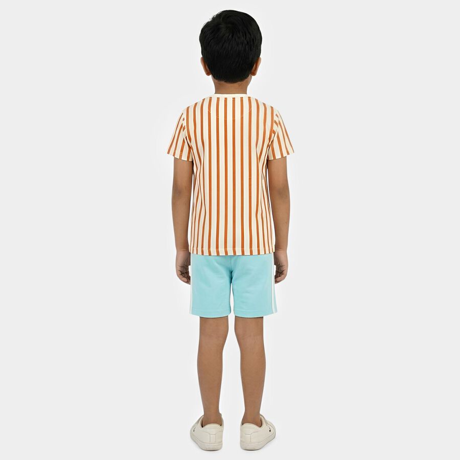 Boys' White Cotton Round Neck Striped Baba Suit, ऑफ व्हाइट, large
