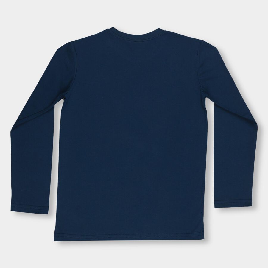 Boys' Navy Blue Round Neck Casual Full Sleeve T-Shirt, Teal Blue, large image number null