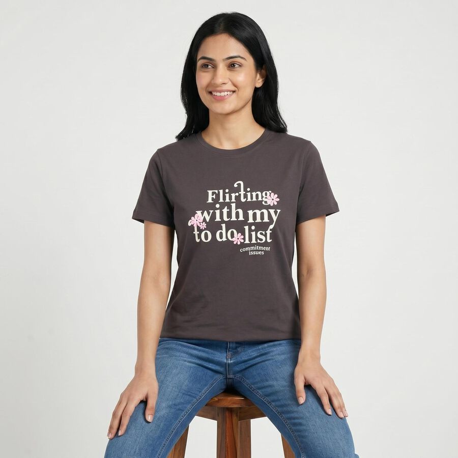 Women Dark Grey Round Neck Regular T-Shirt, Dark Grey, large