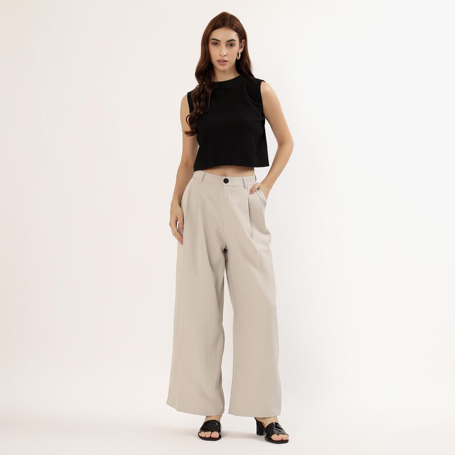 Women's Soft Beige Wide-Leg Pleated Trousers, Light Grey, large image number null