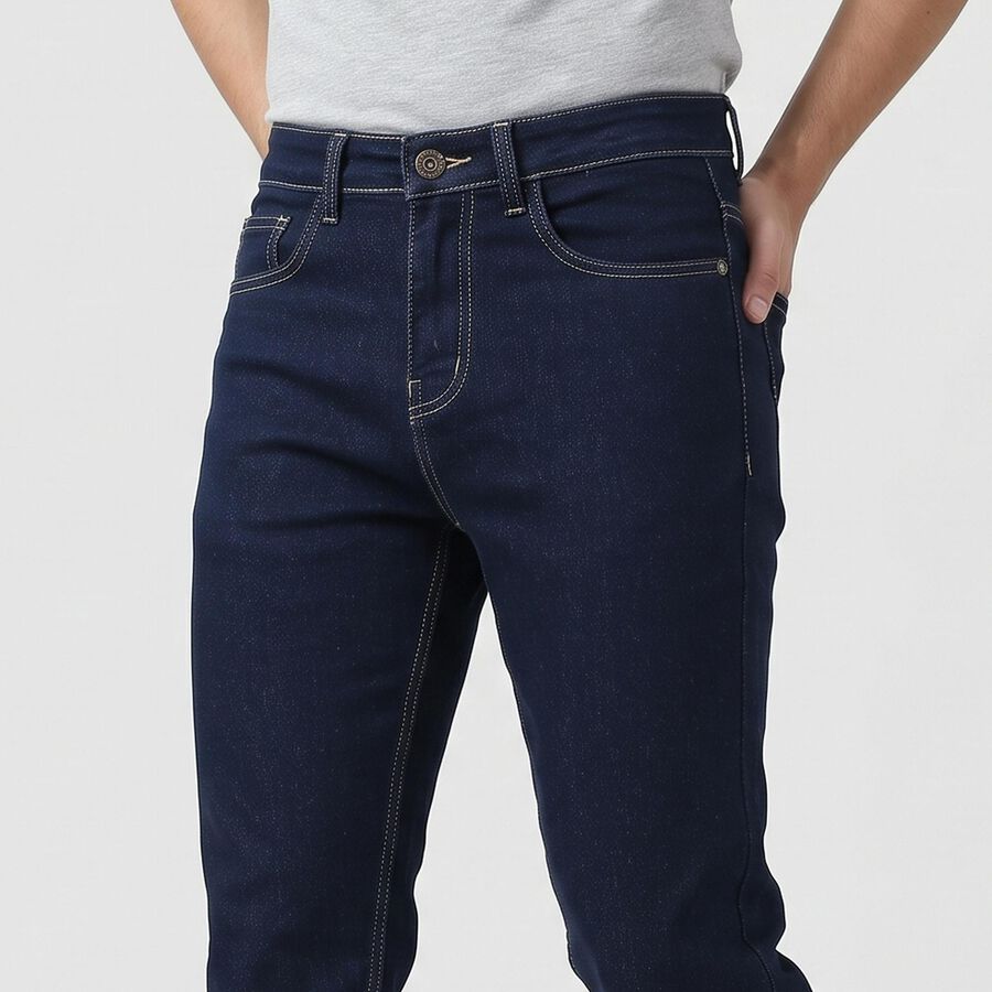 Men's Navy Blue Slim Fit Classic Five Pocket Jeans, गहरा नीला, large