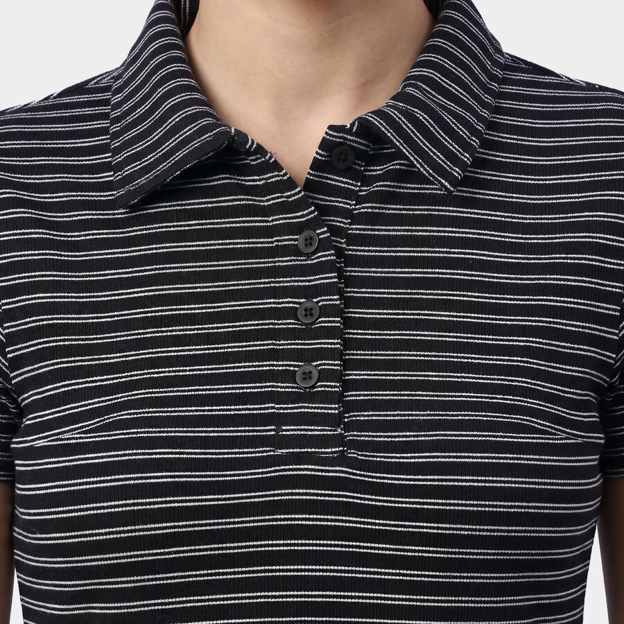 Women's Black Polo Collar Preppy Polo T-Shirt, Black, large
