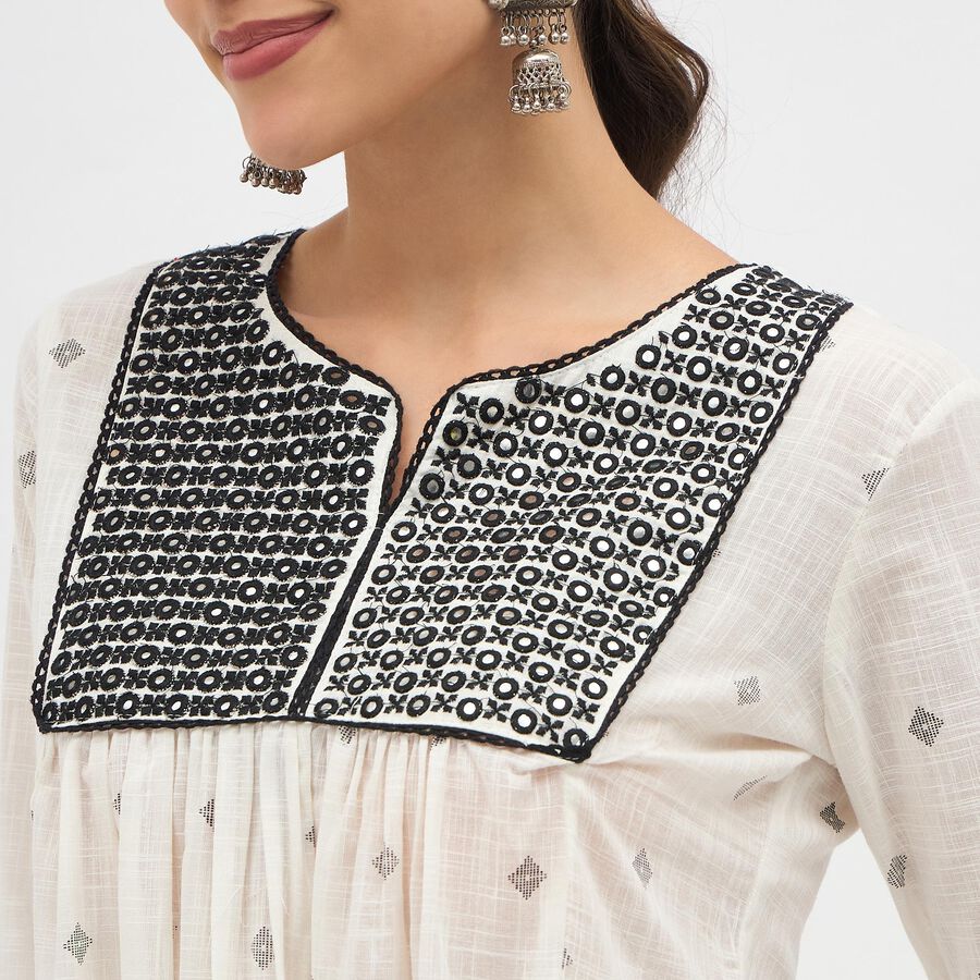 Women's White Cotton Round Neck Embroidered Kurta, Off White, large image number null