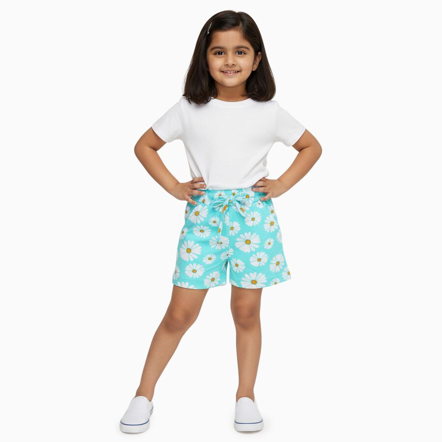 Girls' Bright Aqua Daisy Print Cotton Blend Shorts, एक्वा, large