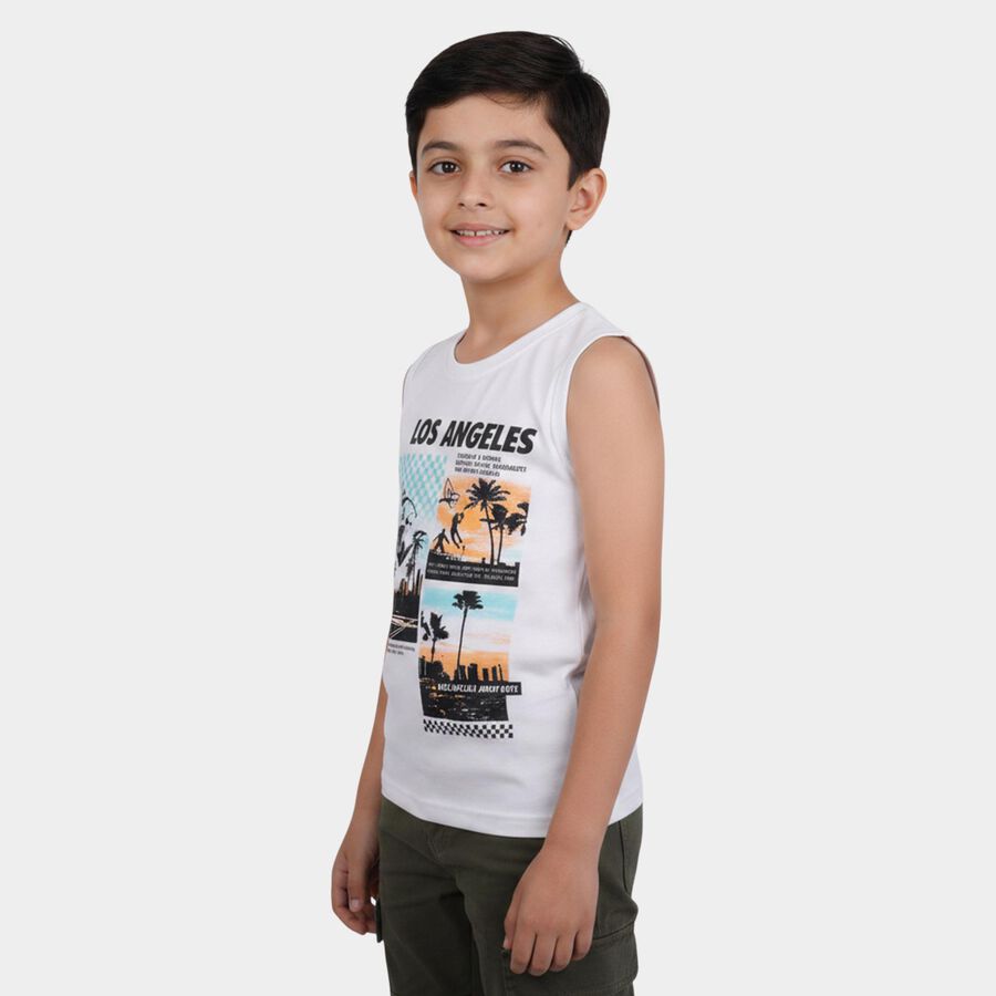 Boys White Round Neck Casual Sleeveless T-Shirt, White, large