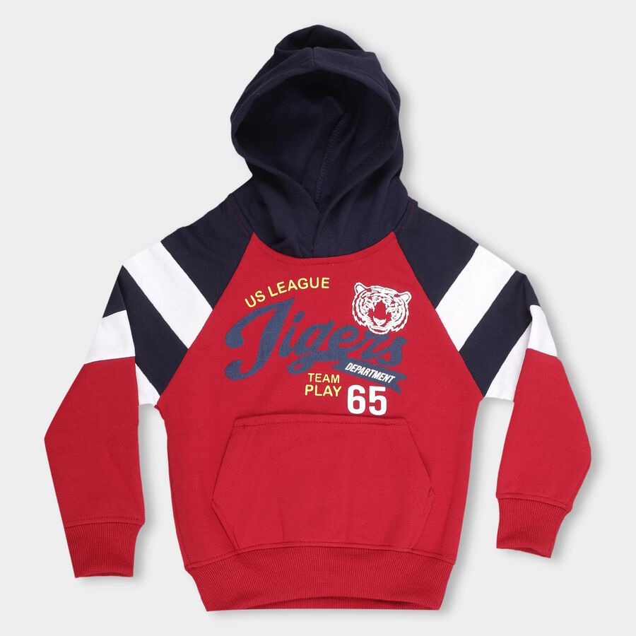 Boys Rich Maroon Hoodie Neck Graphic Sweatshirt, मरून, large image number null