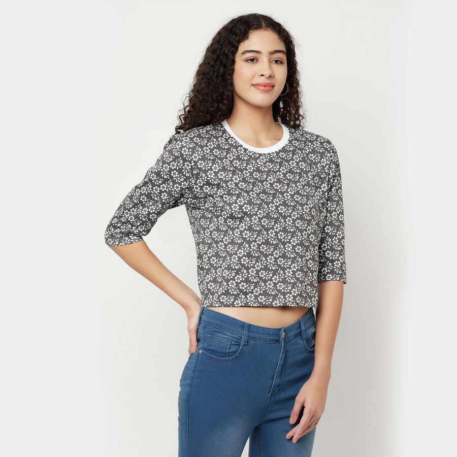 Cotton Printed Round Neck T-Shirt, Charcoal, large image number null