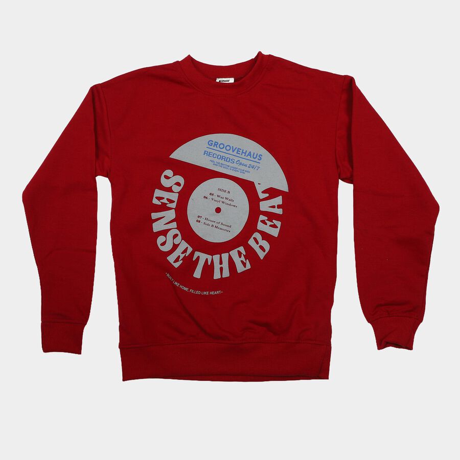 Boys' Maroon Crew Neck Graphic Print Sweatshirt, Maroon, large