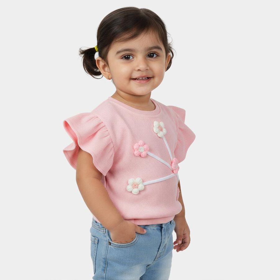Girls Light Pink Round Neck Casual T-Shirt, Light Pink, large