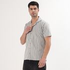 Men's Muted Grey Striped Cuban Collar Casual Shirt, Dark Grey, small