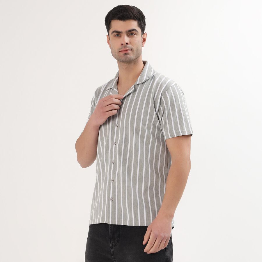 Men's Muted Grey Striped Cuban Collar Casual Shirt, Dark Grey, large