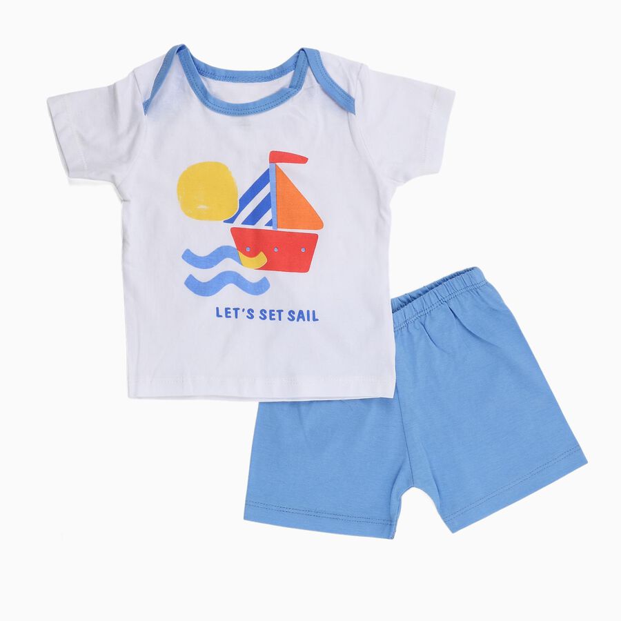 Infants' White Cotton Raglan Neck Boat Print Baba Suit, मध्यम नीला, large image number null