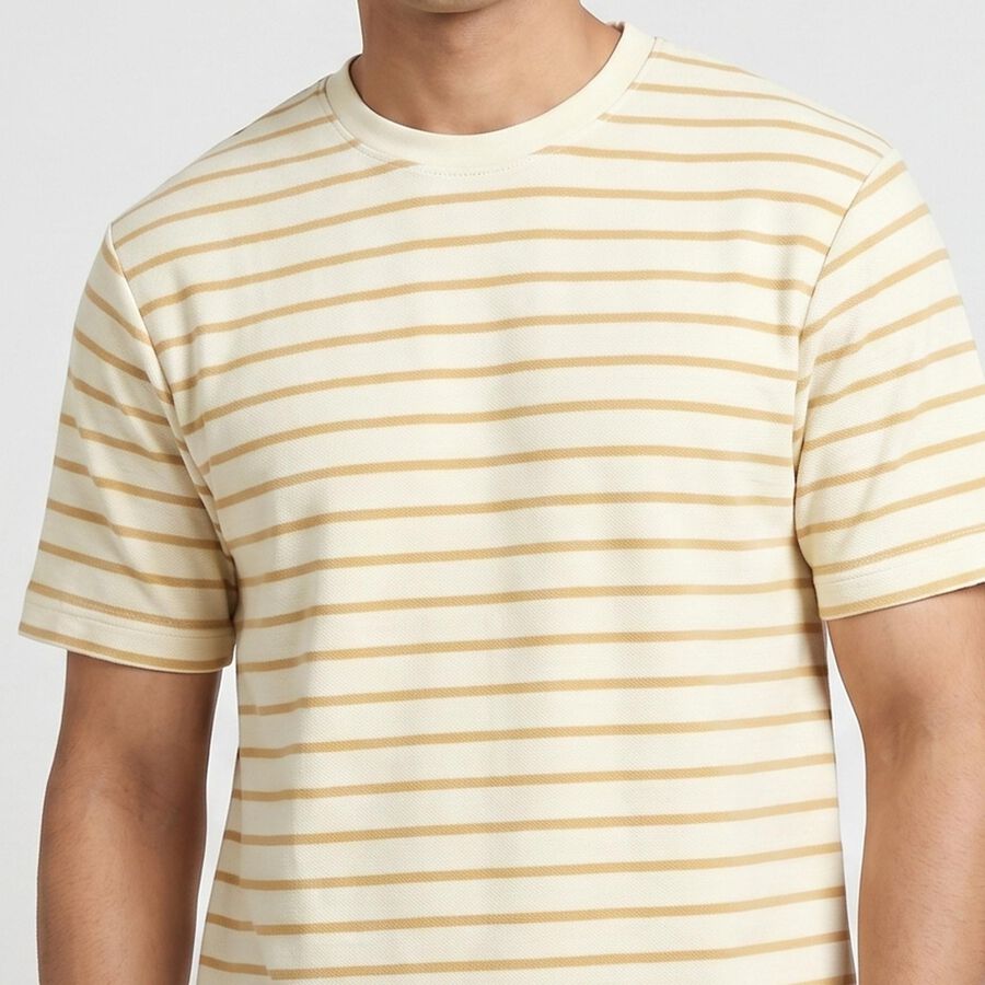 Men's Beige Round Neck Casual T-Shirt, गहरा पीला, large