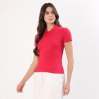 Women's Bright Fuchsia Polo Neck Casual T-Shirt, रानी (फ्यूशिया), small