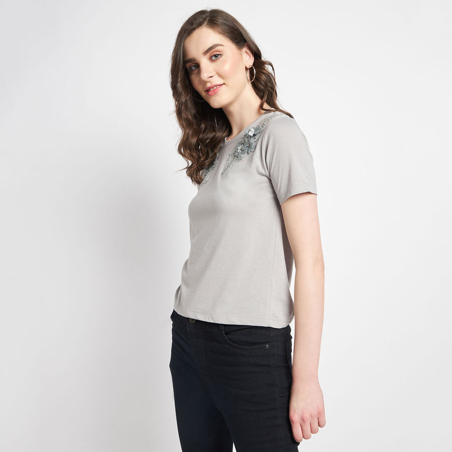 Embellished Round Neck T-Shirt, Dark Grey, large image number null