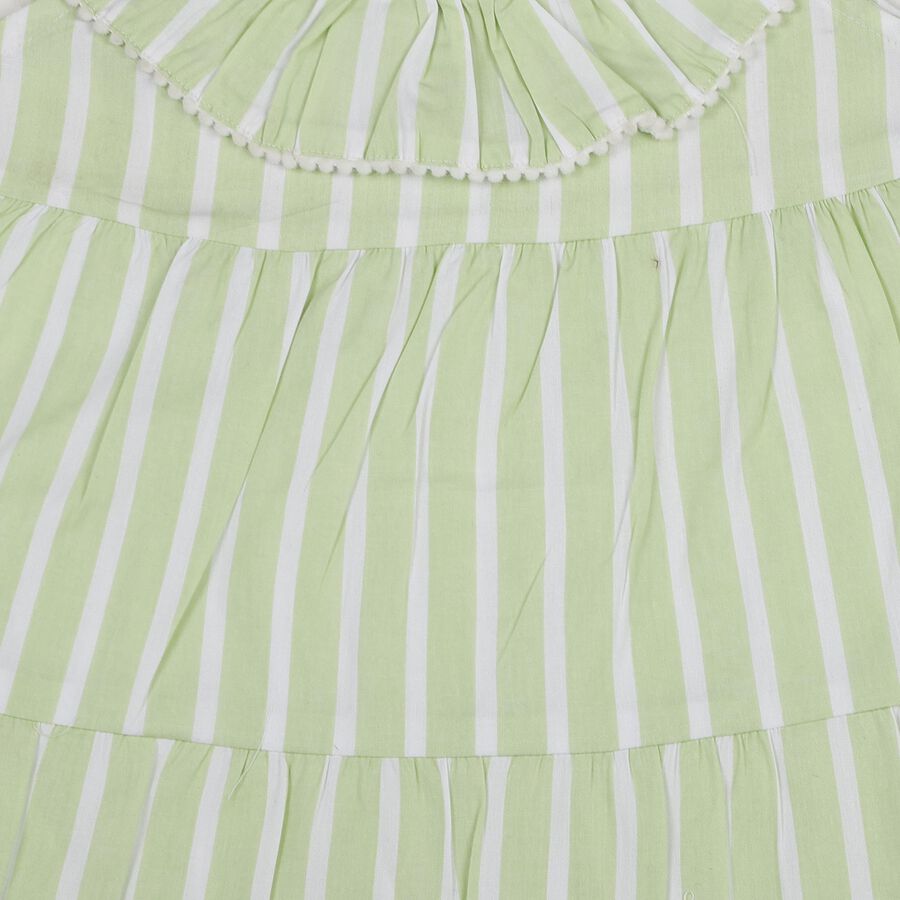 Infants' Green Striped Tiered Sleeveless Cotton Frock, Light Green, large