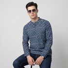 Men's Navy Blue Cotton Mandarin Collar Floral Printed Kurta, गहरा नीला, small